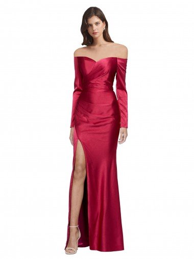 Long Sleeves Off the Shoulder Stretch Satin Prom Dress with High Side Split Canada