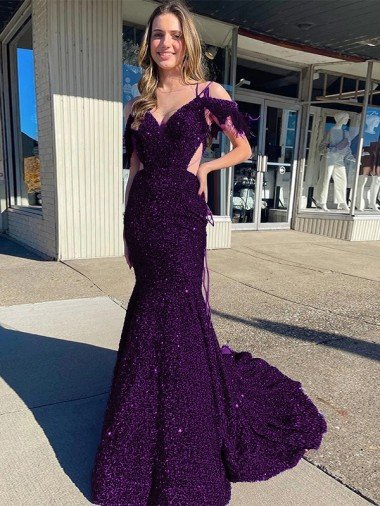 Cold Shoulder Sleeveless Long Court Train Velvet Sequin Prom Dress Canada