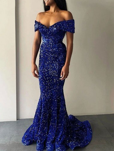 Mermaid Off the Shoulder Sleeveless Long Sweep Train Velvet Sequin Prom Dress Canada