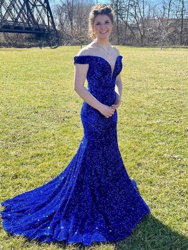 Off the Shoulder Sleeveless Long Sweep Train Velvet Sequin Prom Dress Canada