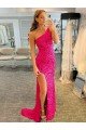 One Shoulder Sleeveless Long Velvet Sequin Prom Dress with High Slit