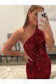 Open Back One Shoulder Sleeveless Long Sweep Train Velvet Sequin Prom Dress