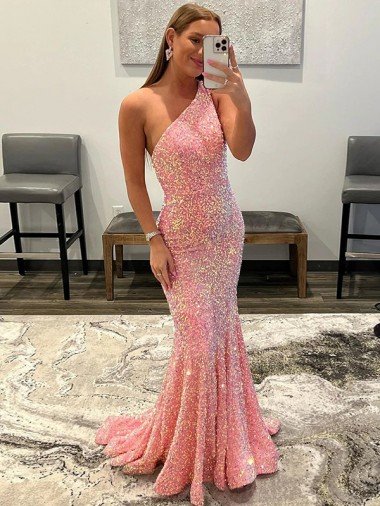 Open Back One Shoulder Sleeveless Long Sweep Train Velvet Sequin Prom Dress Canada