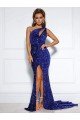 Mermaid One Shoulder Sleeveless Long Court Train Velvet Sequin Prom Dress with Slit