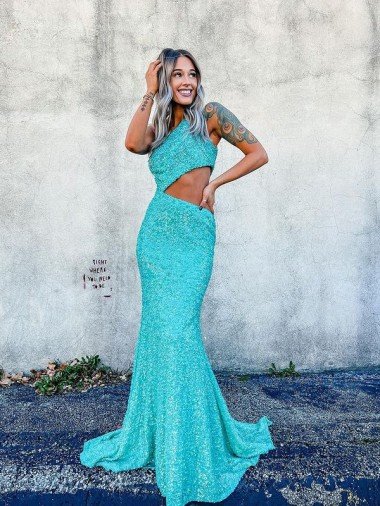 Mermaid One Shoulder Sleeveless Long Sweep Train Velvet Sequin Prom Dress Canada