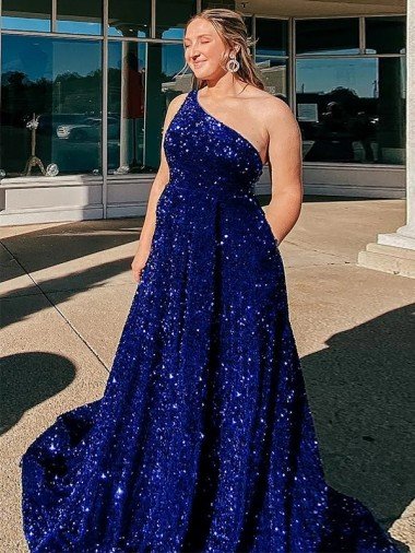 A-Line One Shoulder Sleeveless Long Sweep Train Velvet Sequin Prom Dress with Pockets Canada