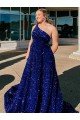 A-Line One Shoulder Sleeveless Long Sweep Train Velvet Sequin Prom Dress with Pockets