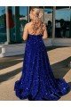 A-Line One Shoulder Sleeveless Long Sweep Train Velvet Sequin Prom Dress with Pockets