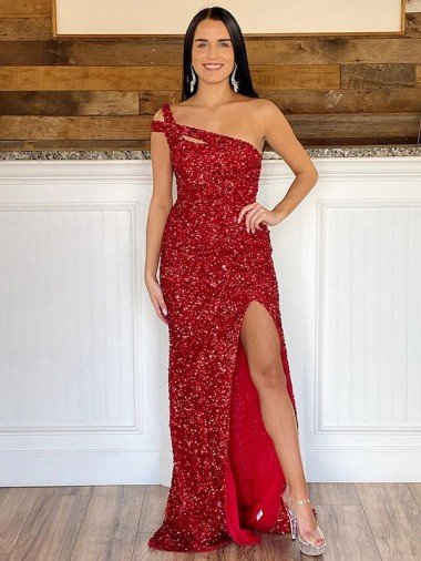 One Shoulder Sleeveless Long Sweep Train Velvet Sequin Prom Dress Canada