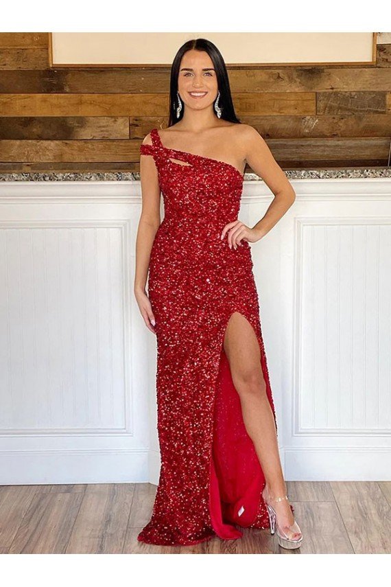 One Shoulder Sleeveless Long Sweep Train Velvet Sequin Prom Dress