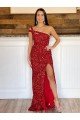 One Shoulder Sleeveless Long Sweep Train Velvet Sequin Prom Dress