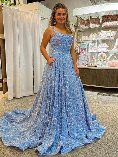 A-Line Scoop Sleeveless Long Court Train Velvet Sequin Prom Dress Canada