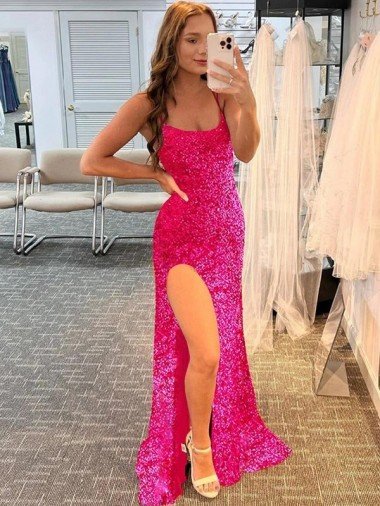 Spaghetti Straps Sleeveless Long Velvet Sequin Prom Dress with Slit and Criss Cross Open Back Canada