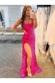 Spaghetti Straps Sleeveless Long Velvet Sequin Prom Dress with Slit and Criss Cross Open Back