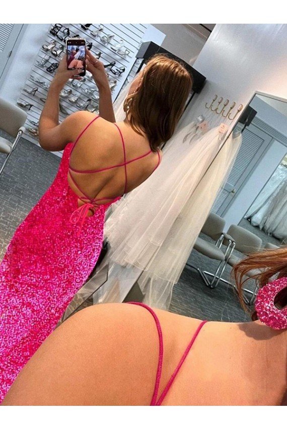 Spaghetti Straps Sleeveless Long Velvet Sequin Prom Dress with Slit and Criss Cross Open Back