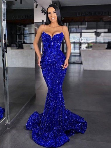 Mermaid Spaghetti Straps Sleeveless Long Sweep Train Velvet Sequin Prom Dress Canada