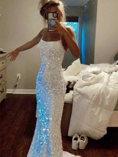 Long Spaghetti Straps Sleeveless Sweep Train Velvet Sequin Prom Dress Canada