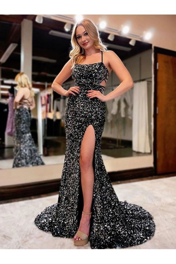 Spaghetti Straps Sleeveless Long Sweep Train Velvet Sequin Prom Dress