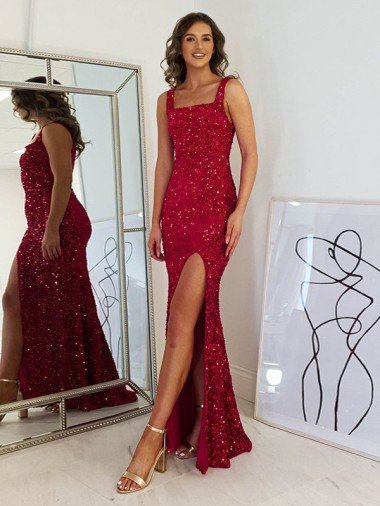 Square Neck Sleeveless Long Velvet Sequin Prom Dress with Slit Canada