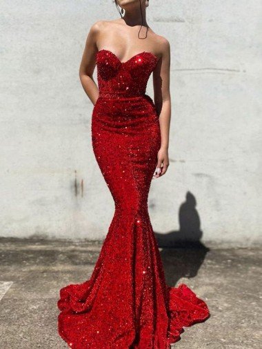 Mermaid Sweetheart Sleeveless Long Court Train Velvet Sequin Prom Dress Canada