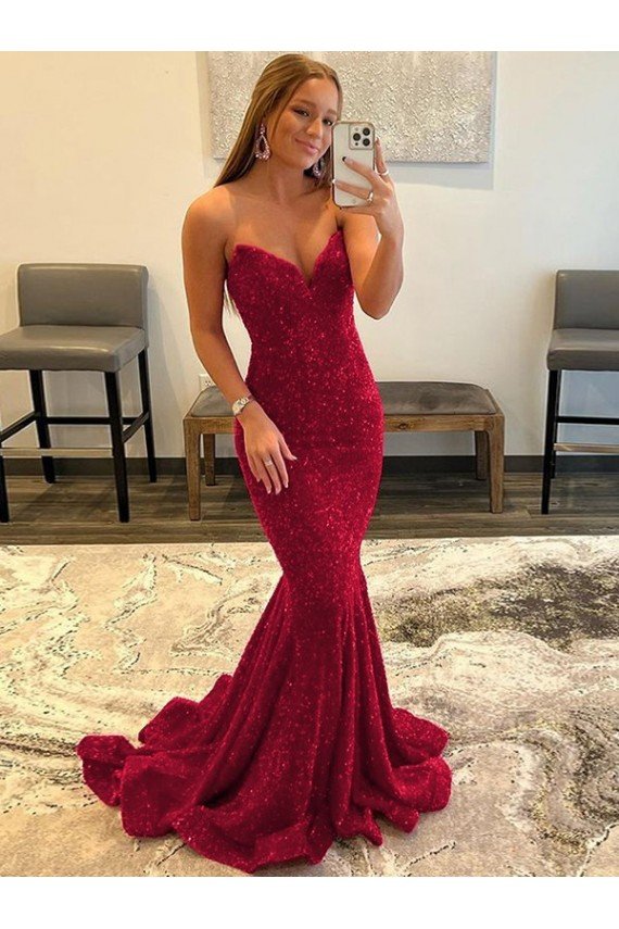 Sweetheart Sleeveless Long Sweep Train Velvet Sequin Prom Dress