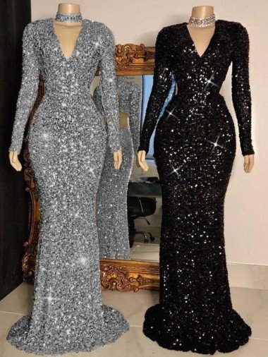 V-Neck Long Sleeves Long Sweep Train Velvet Sequin Prom Dress Canada