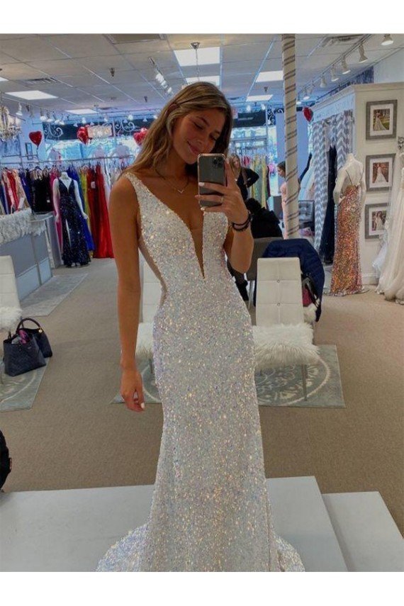 V-Neck Sleeveless Long Velvet Sequin Prom Dress with Sweep Train