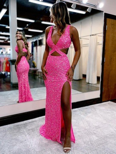 Long V-Neck Sleeveless Sweep Train Velvet Sequin Prom Dress with High Slit Canada