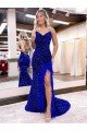 V-Neck Sleeveless Long Velvet Sequin Royal Blue Prom Dress with Side Slit