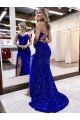 V-Neck Sleeveless Long Velvet Sequin Royal Blue Prom Dress with Side Slit