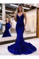 Mermaid V-Neck Sleeveless Long Court Train Velvet Sequin Prom Dress