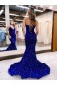 Mermaid V-Neck Sleeveless Long Court Train Velvet Sequin Prom Dress