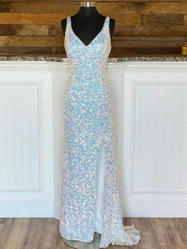 V-Neck Sleeveless Long Sweep Train Velvet Sequin Prom Dress Canada