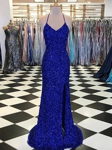 V-Neck Sleeveless Long Velvet Sequin Prom Dress Canada