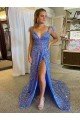 A-Line V-Neck Sleeveless Long Court Train Velvet Sequin Prom Dress with High Slit