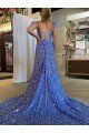 A-Line V-Neck Sleeveless Long Court Train Velvet Sequin Prom Dress with High Slit