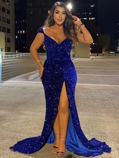 V-Neck Sleeveless Long Sweep Train Velvet Sequin Prom Dress with Slit Canada