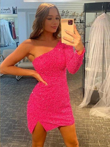 Short Velvet Sequin One Shoulder Long Sleeves Prom Dress Canada