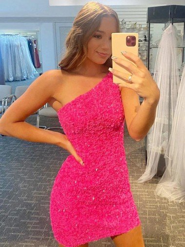 Short One Shoulder Sleeveless Velvet Sequin Prom Dress Canada