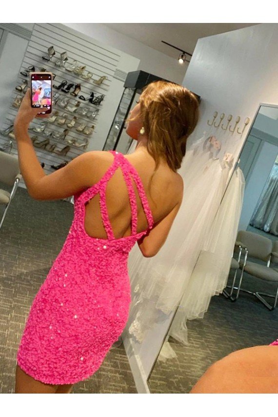 Short One Shoulder Sleeveless Velvet Sequin Prom Dress