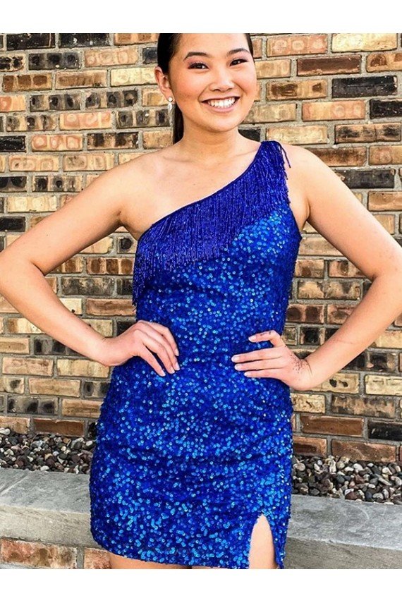 One Shoulder Sleeveless Short Velvet Sequin Royal Blue Prom Dress