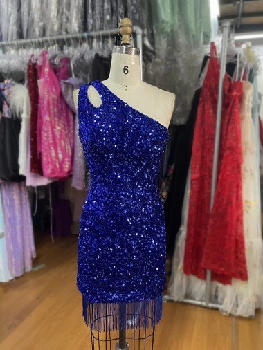 One Shoulder Keyhole Sleeveless Short Velvet Sequin Prom Dress Canada