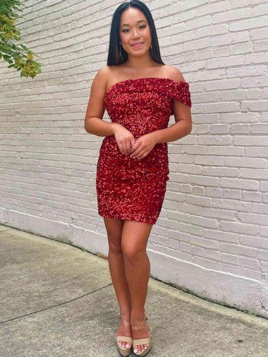 Short One Shoulder Sleeveless Velvet Sequin Cocktail Prom Dress Canada