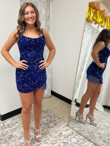 Spaghetti Straps Backless Sleeveless Short Velvet Sequin Prom Dress Canada