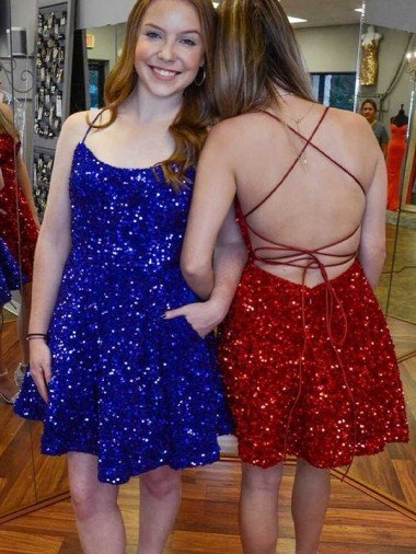 A-Line Spaghetti Straps Sleeveless Short Velvet Sequin Prom Dress Canada