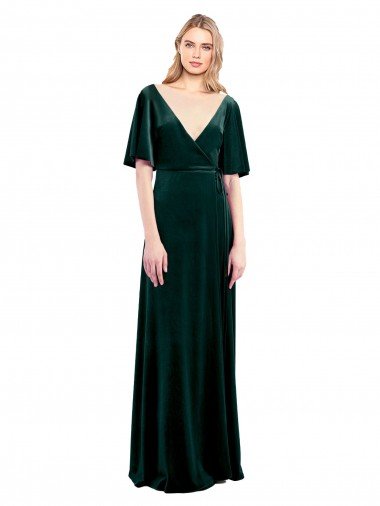 Deep V-Neck Flutter Sleeves Long Velvet Wrap Prom Dress Canada