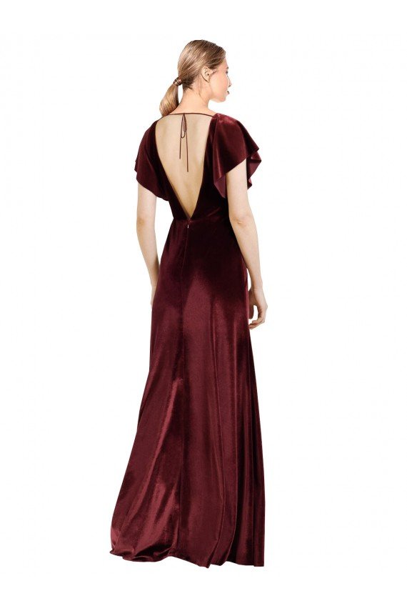 Flutter Sleeves Open Back Long Velvet Prom Dress