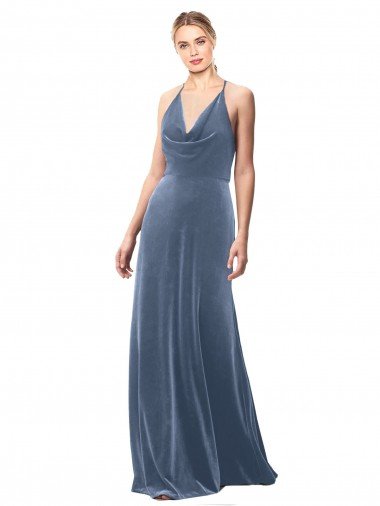 Halter Cowl Neck Long A-Line Velvet Prom Dress with Keyhole Back Canada