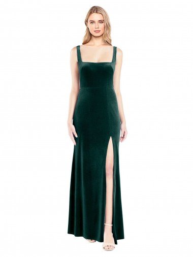 Square Neck Full Length Velvet Prom Dress with Side Slit Canada