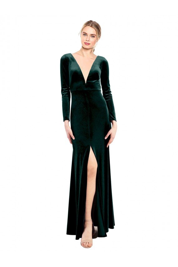 Plunging V-Neckline Long Sleeves Open Back Velvet Prom Dress